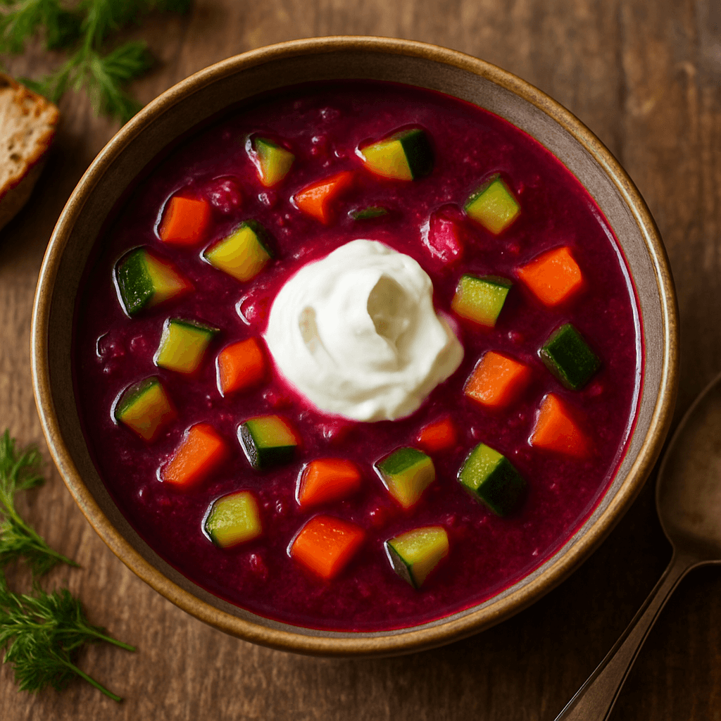Rode bietensoep met courgette en wortel