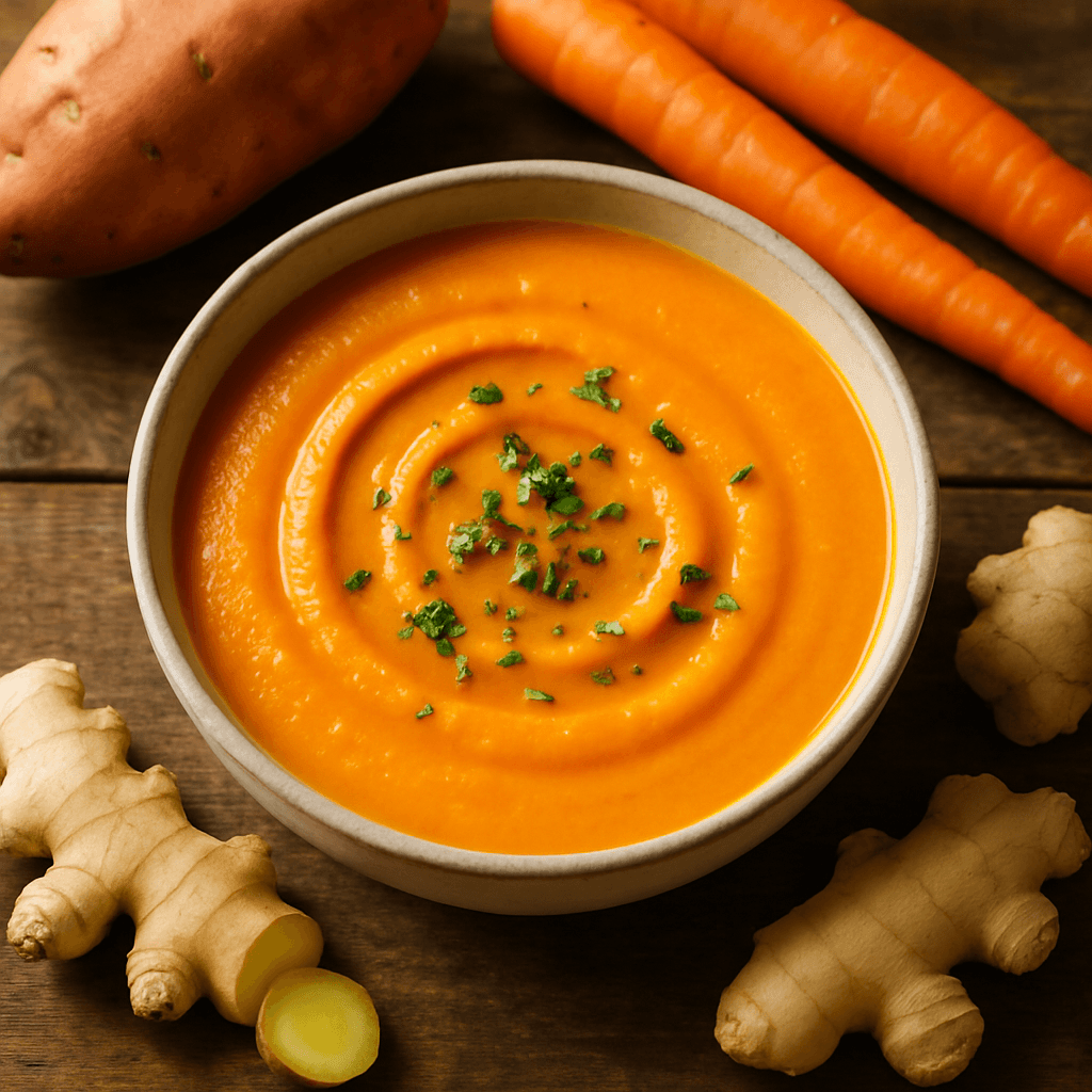 Zoete aardappelsoep met wortel en gember
